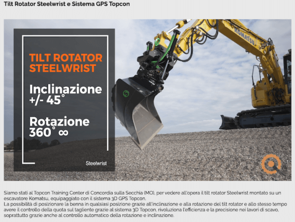 il tilt rotator Steelwrist montato su un escavatore Komatsu
